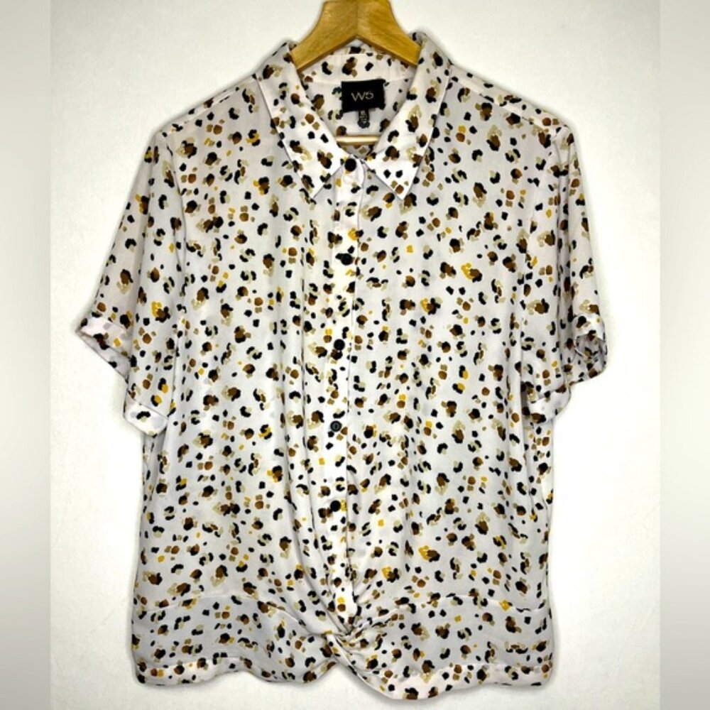 W5 Anthropologie White Brown Animal Pattern Boho Indie Retro Women Shirt Size XL